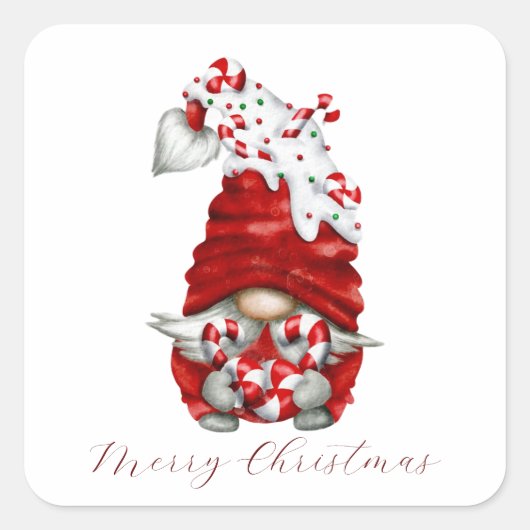 Peppermint Scandinavian Gnome Merry Christmas スクエアシール (正面)