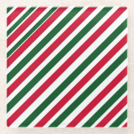 Peppermint Stick Stripes in Red, Green, and White ガラスコースター