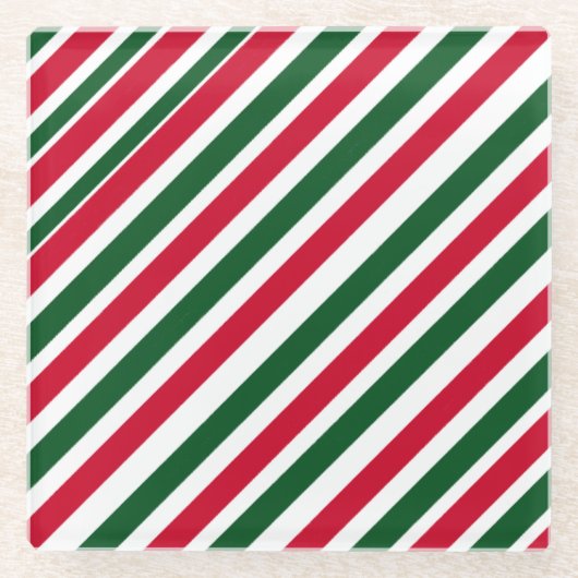 Peppermint Stick Stripes in Red, Green, and White ガラスコースター (正面)