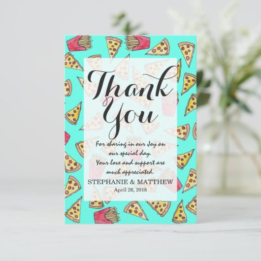 Pepperoniピザフライドポテトのグルメの水彩画 サンキューカード (スタンド正面)