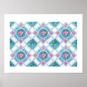 Peranakan Geometric Tile Teal ポスター