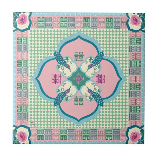 Peranakan Peacock Double Happiness Tile – Pastel N タイル (正面)