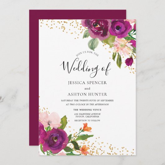 Perfect 結婚's: Burgundy Pink Flower金ゴールドグリッター 招待状 (正面/裏面)