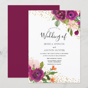 Perfect 結婚's: Burgundy Pink Flower金ゴールドグリッター 招待状