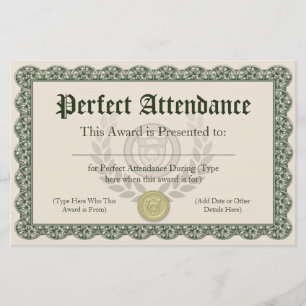 Perfect Attendance Award証明書、カスタマイズ可能