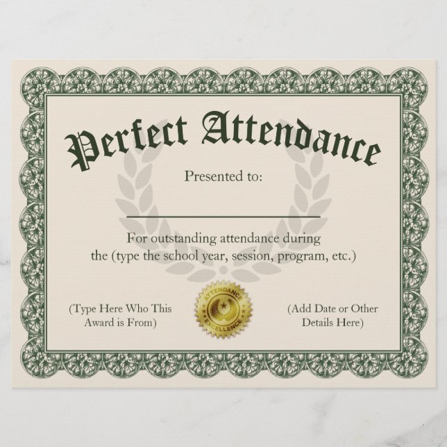 Perfect Attendance Certificate Customizable 8.5x11 (正面)