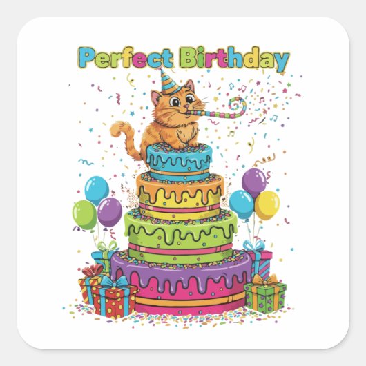 Perfect Birthday Cute Cartoon Cat on Rainbow Cake  スクエアシール (正面)