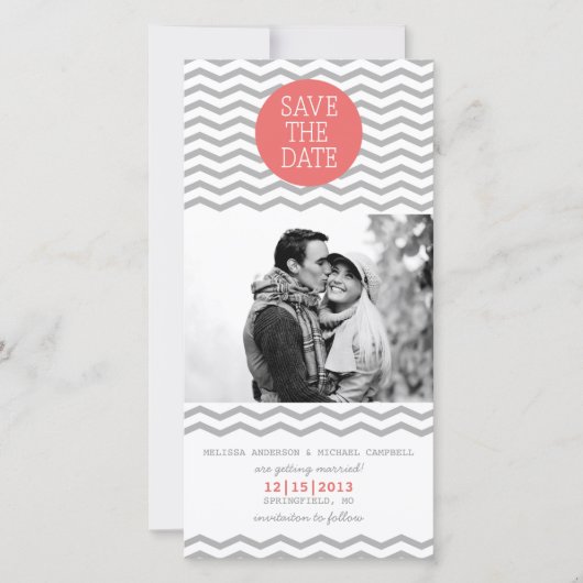 Perfect Chevron Coral & Gray Save The Date Photo セーブザデート (正面)