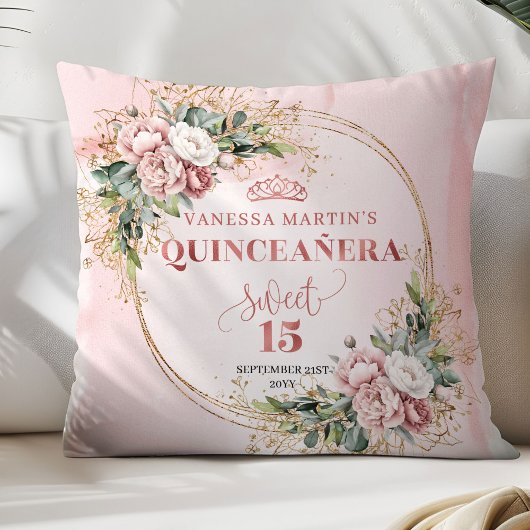 Perfect Gift Rose Gold Floral Sweet 15 Pillow クッション