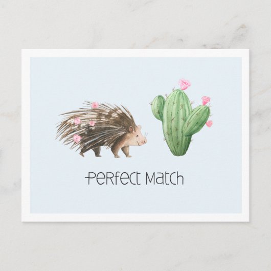 Perfect Match | 可愛いヤマアラシとサボテンの恋 ポストカード (正面)