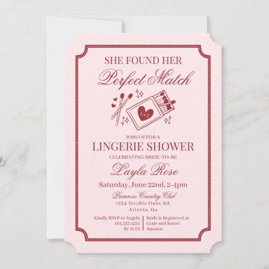 Perfect Match Made in Heaven Pink Lingerie Shower 招待状 (正面)