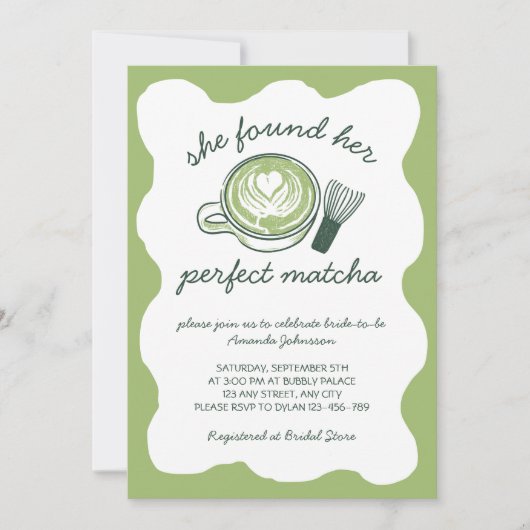 Perfect Matcha Green Tea Hand Drawn Bridal Shower 招待状 (正面)