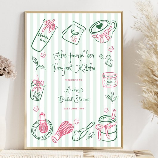Perfect Matcha Stripes Bridal Shower Welcome Sign ポスター
