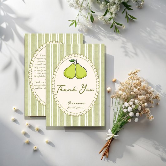 Perfect pair sage green stripe pear bridal shower サンキューカード