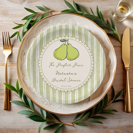 Perfect pair sage green stripe pear bridal shower ペーパープレート