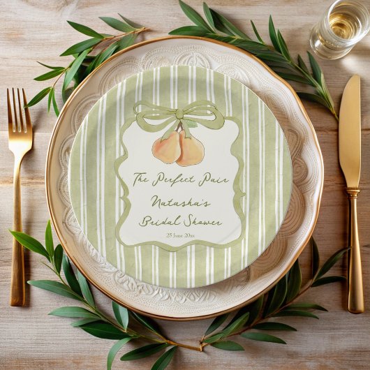 Perfect pair sage green stripe pear bridal shower ペーパープレート