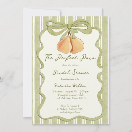 Perfect pair sage green stripe pear bridal shower 招待状 (正面)