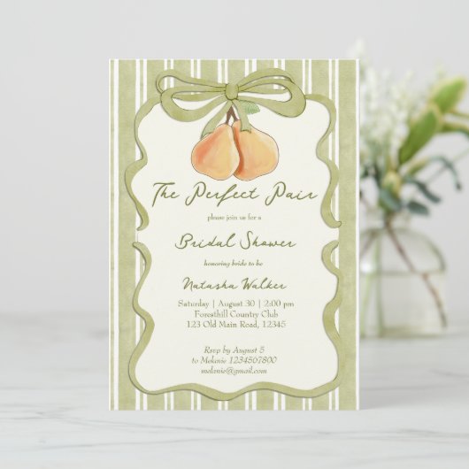 Perfect pair sage green stripe pear bridal shower 招待状 (スタンド正面)