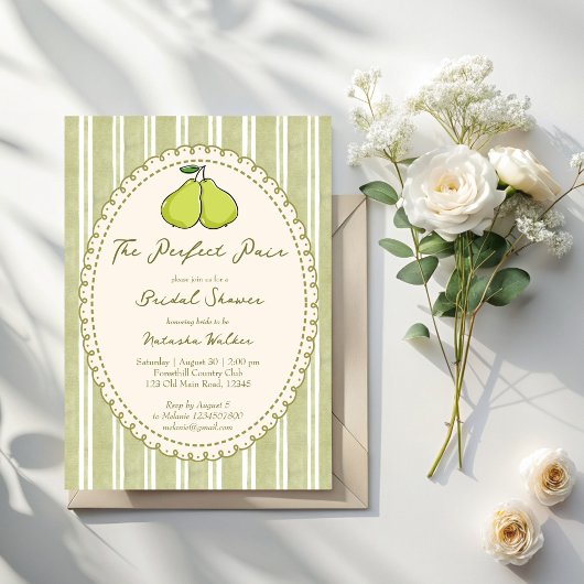 Perfect pair sage green stripe pear bridal shower 招待状