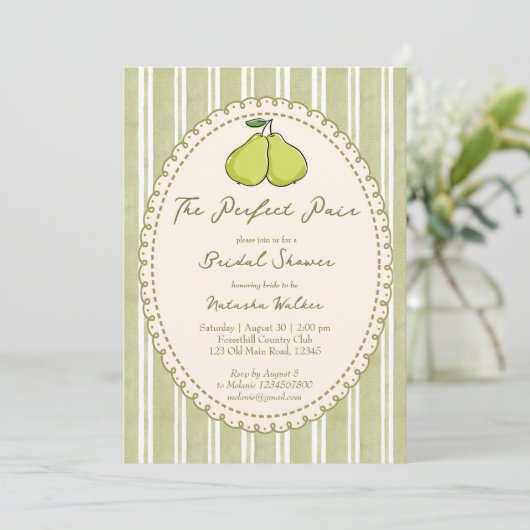 Perfect pair sage green stripe pear bridal shower 招待状 (スタンド正面)