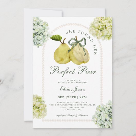 Perfect Pear Pair Green Hydrangea Bridal Shower 招待状 (正面)