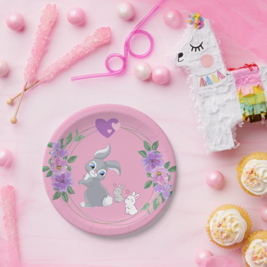 Perfect Pink Easter Bunny with Babies ペーパープレート (パーティー)