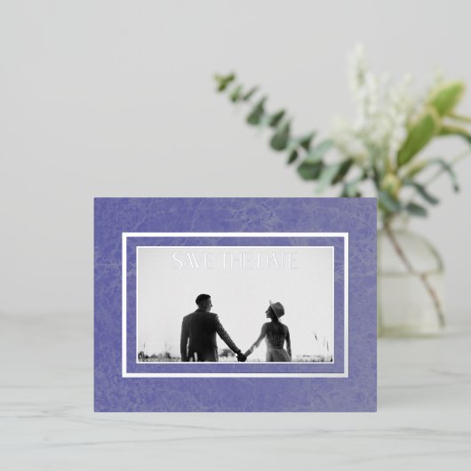 Peri Marbleモダンフォトウェディング日付を保存 箔シーズンポストカード (立ち正面)