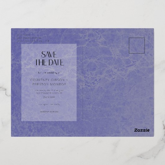 Peri Marbleモダンフォトウェディング日付を保存 箔シーズンポストカード (裏面)