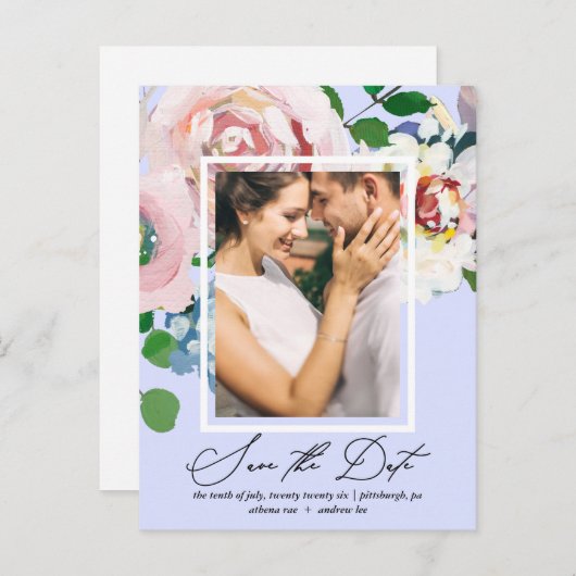 Periwinkleかわいらしフローラ写真の保存日付 インビテーションポストカード (正面/裏面)