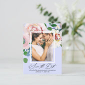 Periwinkleかわいらしフローラ写真の保存日付 インビテーションポストカード (スタンド正面)