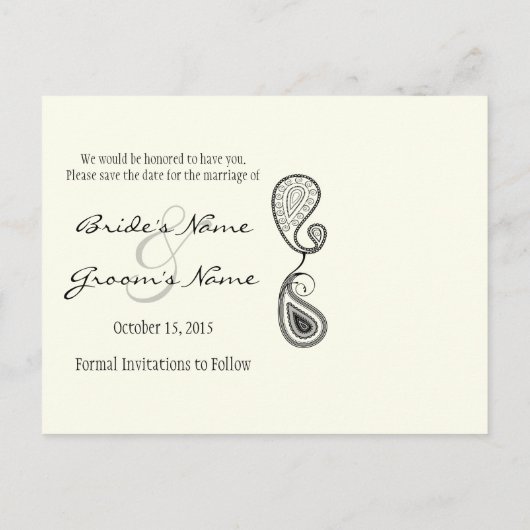 Periwinkleアイボリーペイズリー写真の日付を保存 案内ポストカード (裏面)