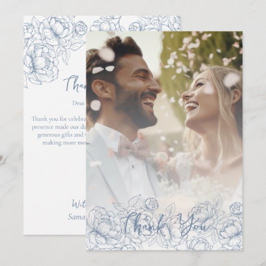 Periwinkle Blue Bohoエレガントなウェディングフォトモダン サンキューカード (正面/裏面)