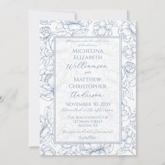 Periwinkle Blue Elegant Hand-Drawn Floral Wedding 招待状 (正面)