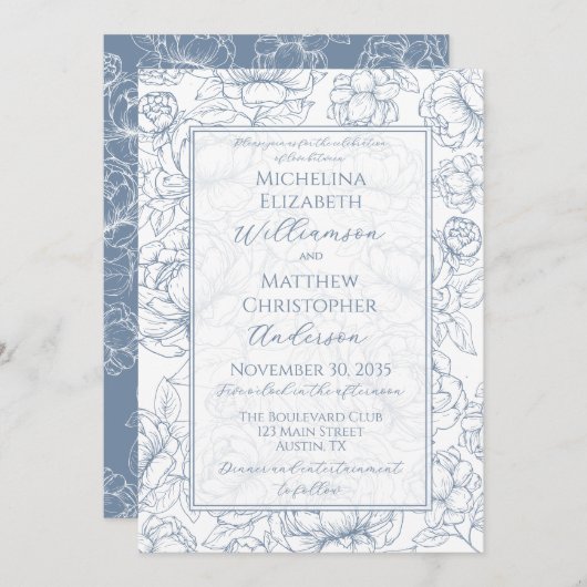 Periwinkle Blue Elegant Hand-Drawn Floral Wedding 招待状 (正面/裏面)