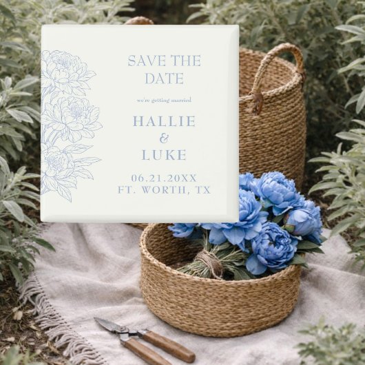 Periwinkle Blue Peony Line Art Wedding Save Date マグネット