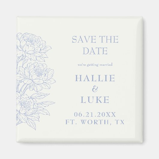 Periwinkle Blue Peony Line Art Wedding Save Date マグネット (正面)