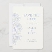 Periwinkle Blue Peony Line Art Wedding Save Date 招待状 (正面)