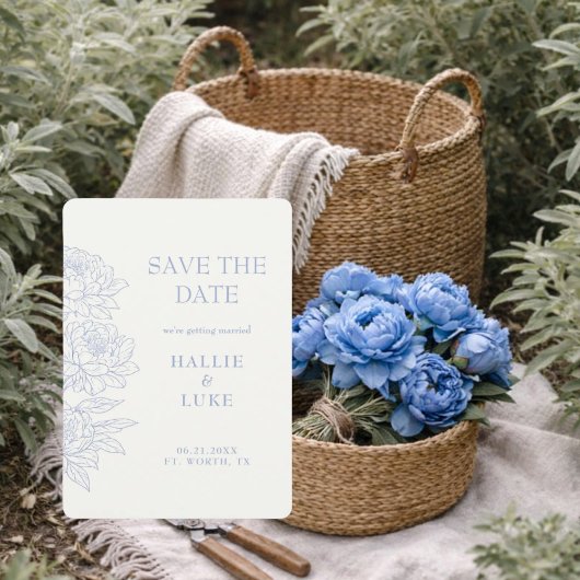 Periwinkle Blue Peony Line Art Wedding Save Date 招待状