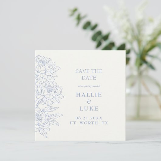 Periwinkle Blue Peony Wedding Square Save Date 招待状 (スタンド正面)