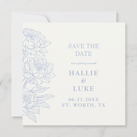 Periwinkle Blue Peony Wedding Square Save Date 招待状 (正面)