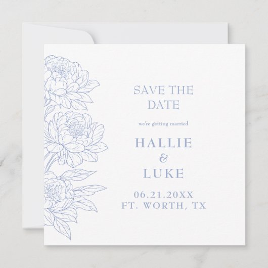 Periwinkle Blue Peony Wedding Square Save the Date 招待状 (正面)