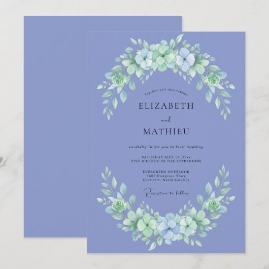 Periwinkle Botanical Bloom Wedding 招待状 (正面/裏面)