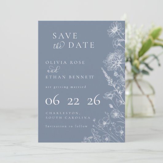 Periwinkle Botanical Minimal Wedding Save the Date (スタンド正面)