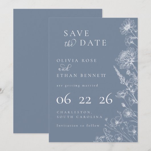 Periwinkle Botanical Minimal Wedding Save the Date (正面/裏面)