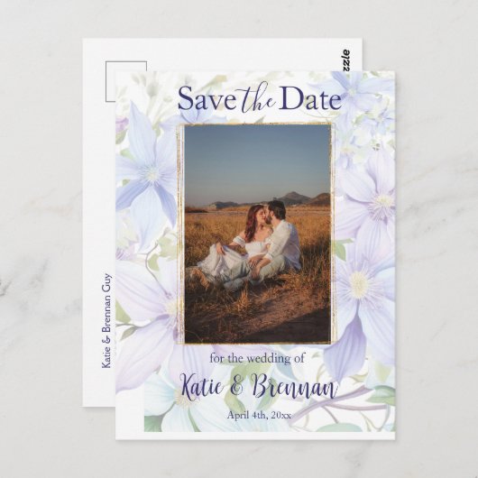 Periwinkle Clematisエレガント日付写真を保存 ポストカード (正面/裏面)