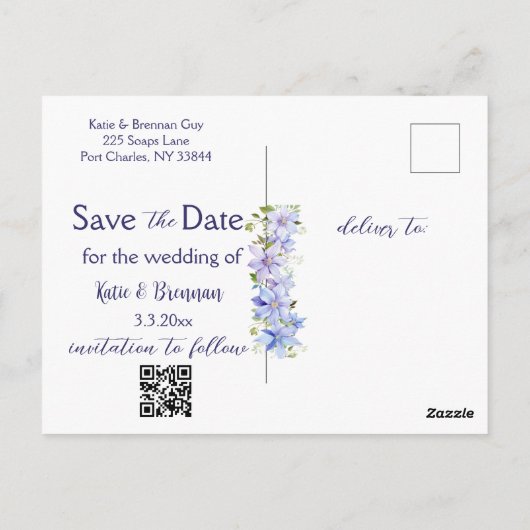 Periwinkle Clematisエレガント日付写真を保存 ポストカード (裏面)