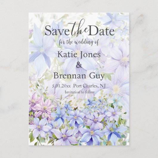 Periwinkle Clematisエレガント Wedding Save the Date ポストカード (正面)