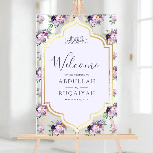 Periwinkle Floral Gold Muslim Wedding Welcome アクリルサイン