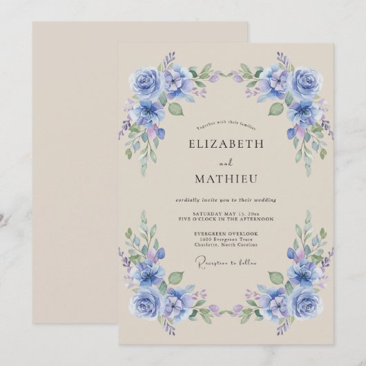 Periwinkle Floral Laurel Wedding 招待状 (正面/裏面)