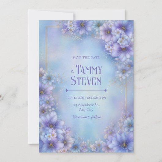 Periwinkle Lavender Ethereal Floral Frame Wedding 招待状 (正面)